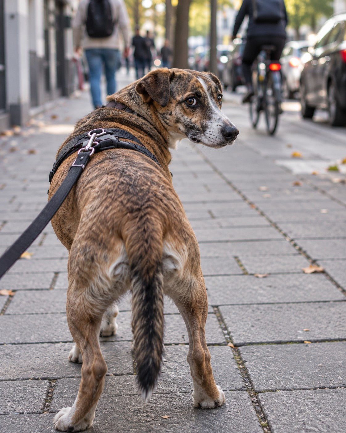 Schreckhafter Hund schaut sich auf dem Gehweg um