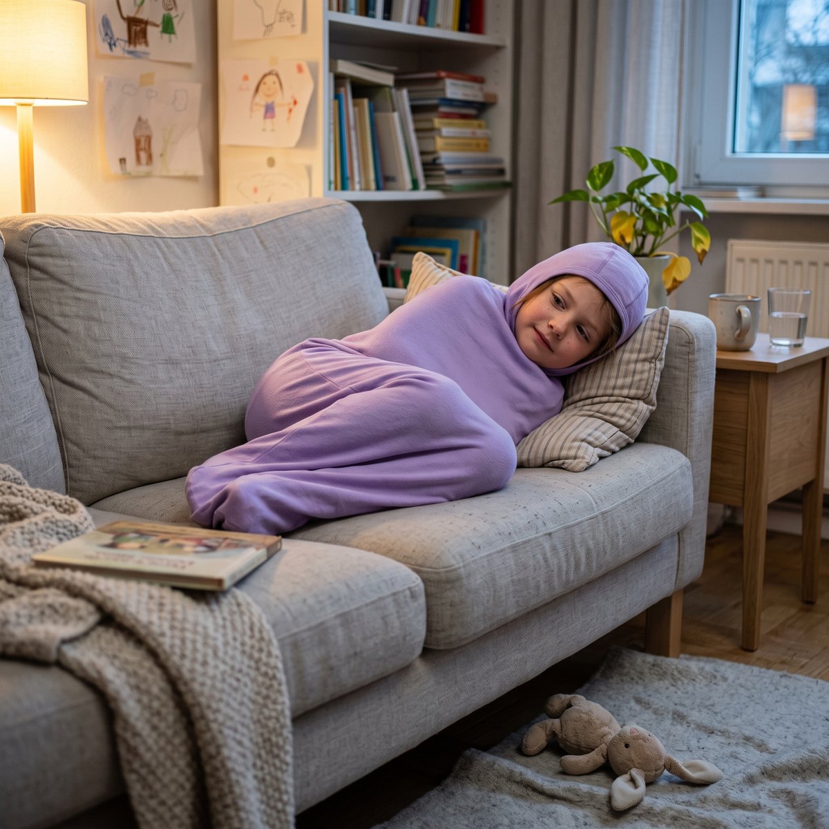 Kind kuschelt im Mornio Kuschel-Pod auf dem Sofa