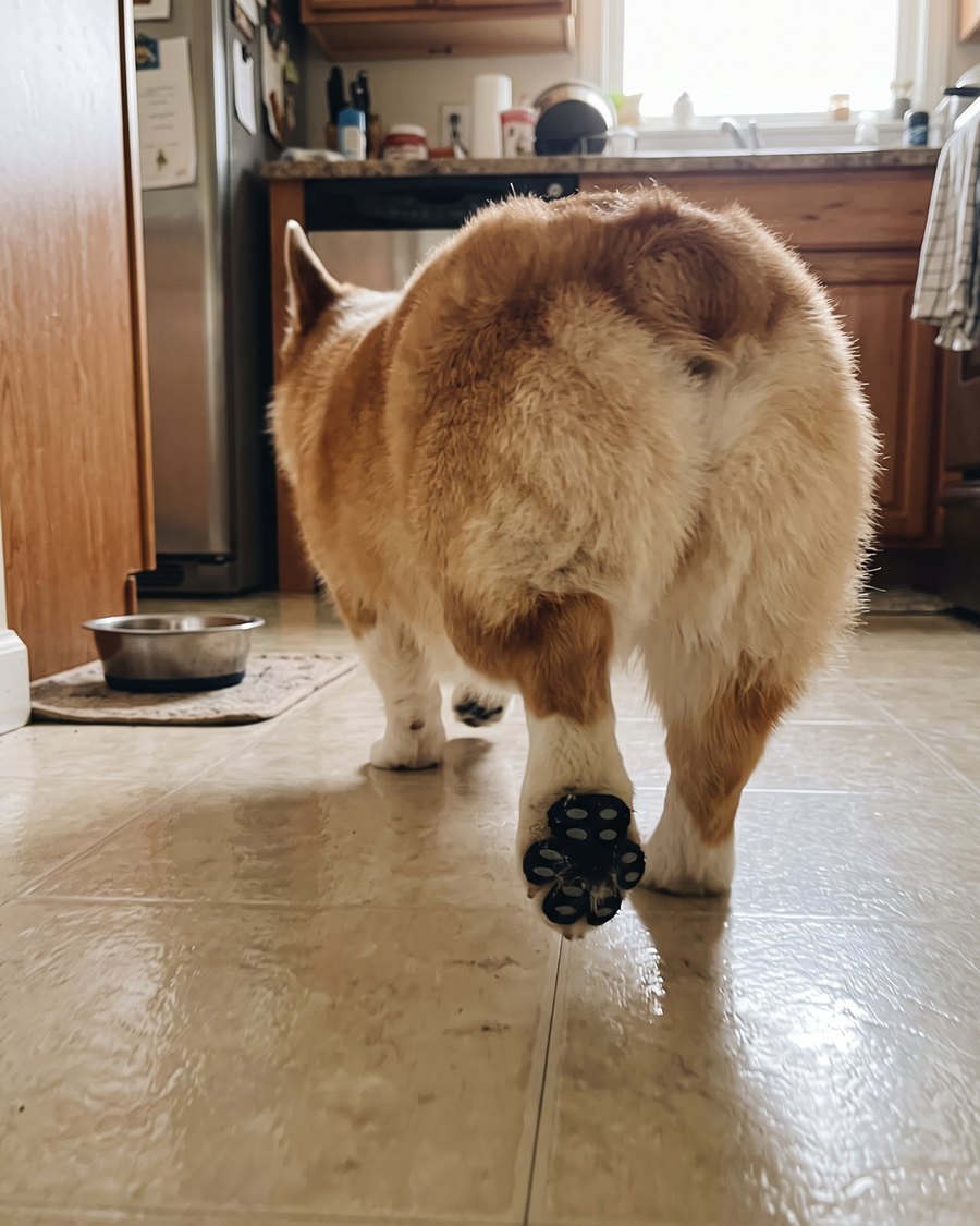 Corgi mit Pfotenpads in der Küche