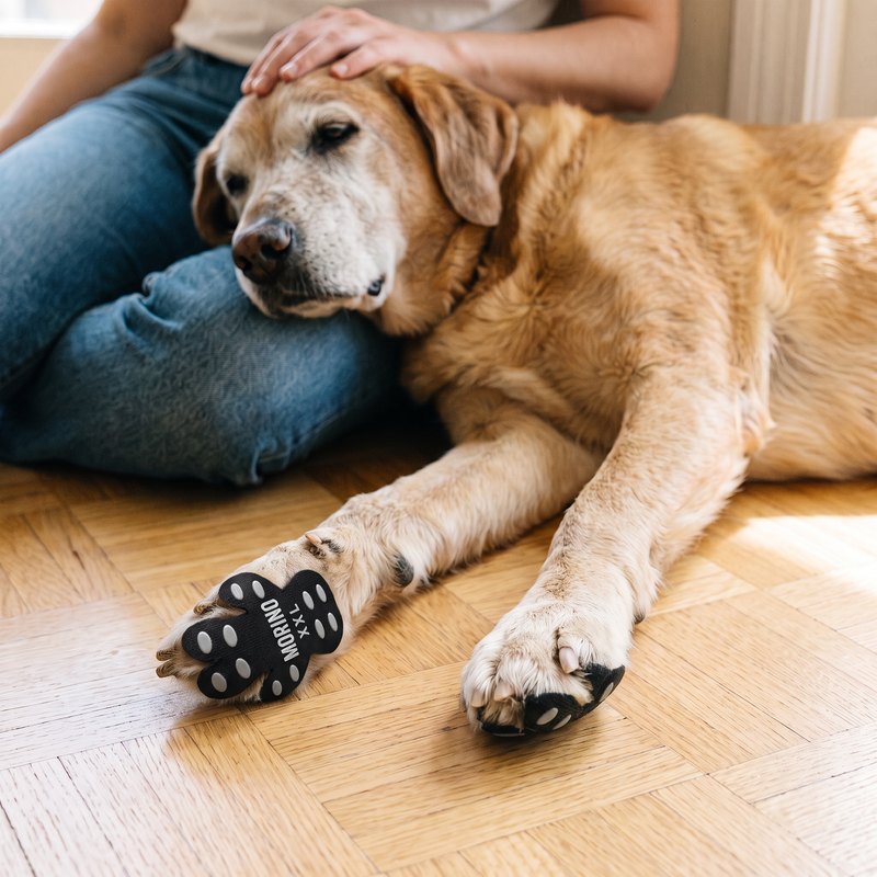 Älterer Hund mit Pfotenpads entspannt auf Parkett