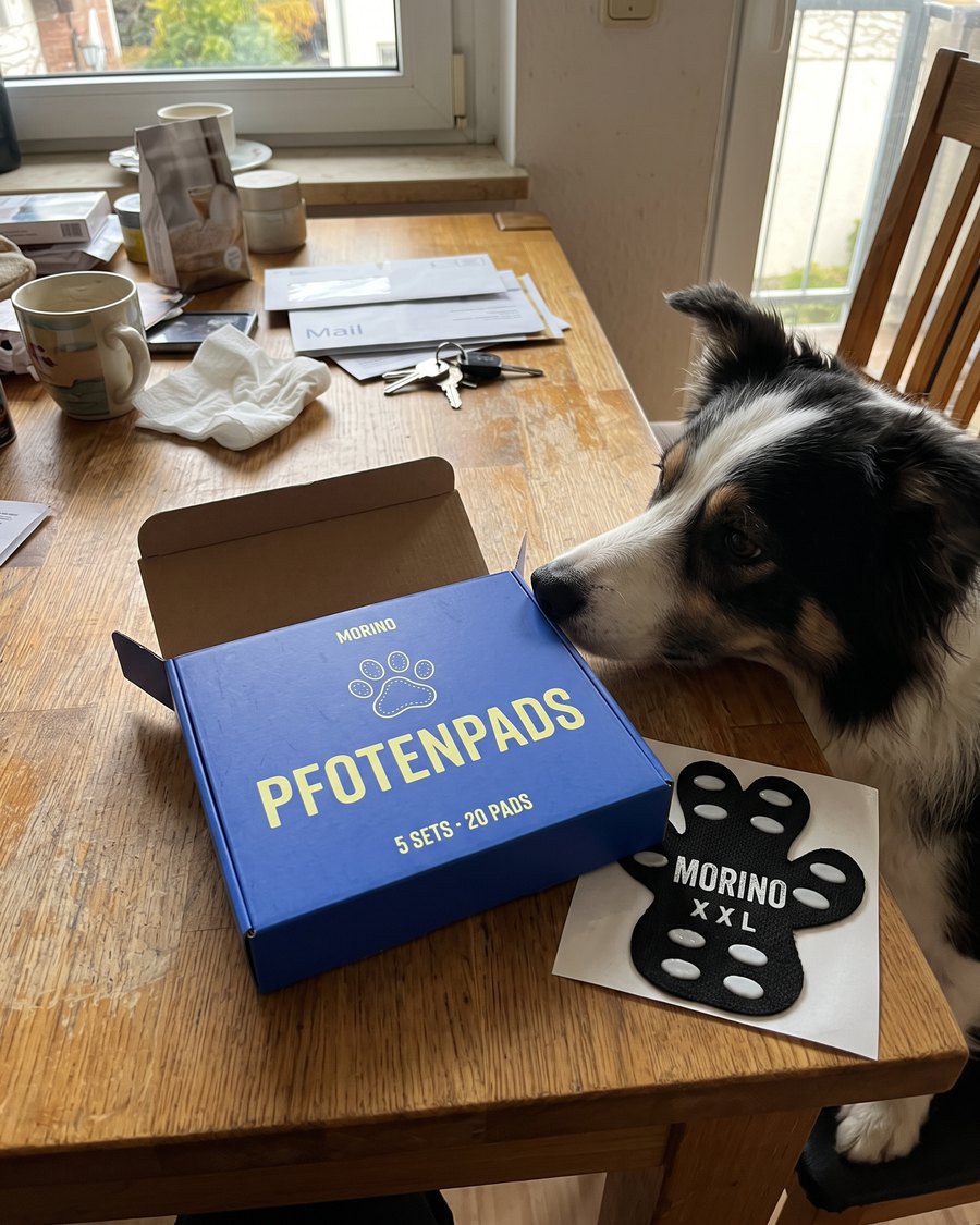 Hund schnuppert an der Morino Pfotenpads Box