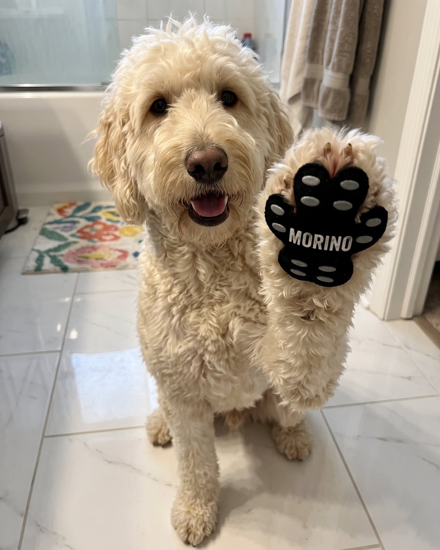 Labradoodle gibt Pfote mit Pfotenpad