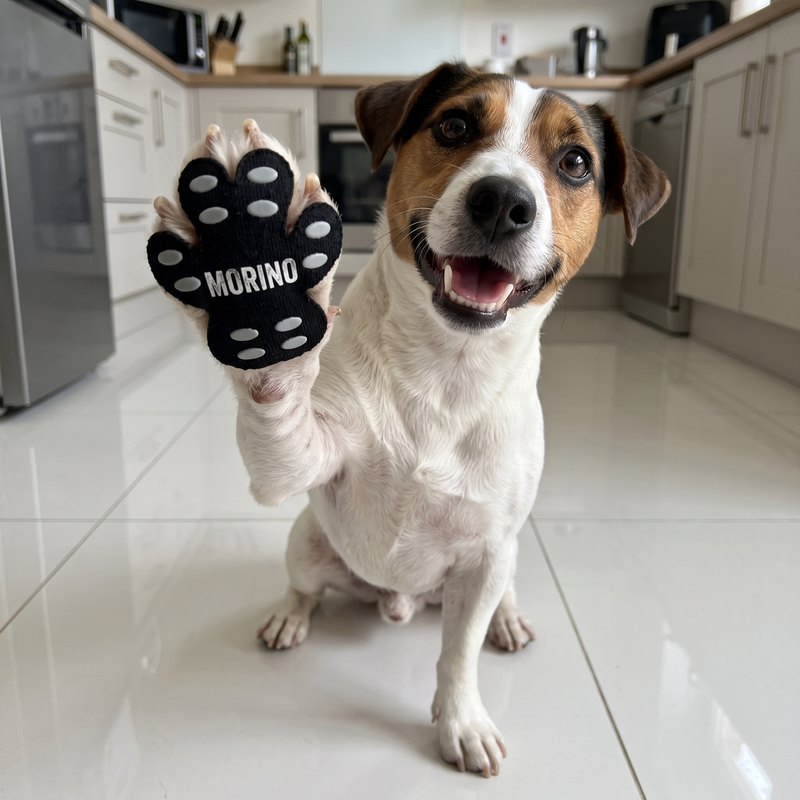 Hund gibt Pfote mit Pfotenpad auf Fliesenboden