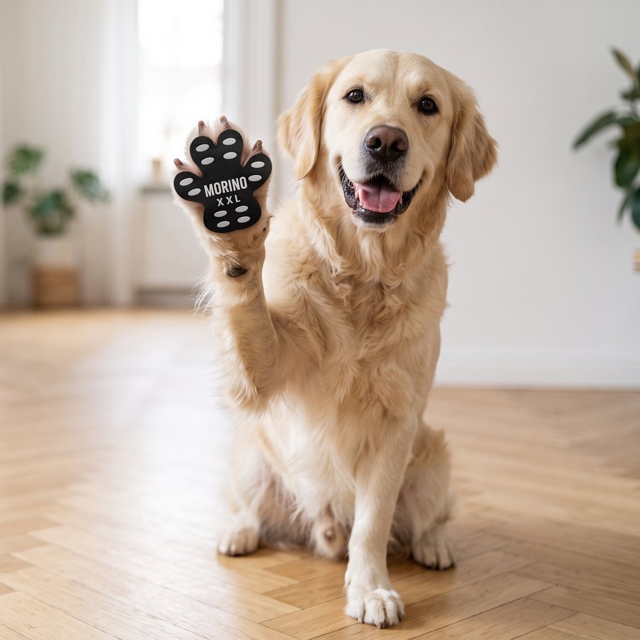 Golden Retriever gibt Pfote mit Anti-Rutsch-Pfotenpad auf Parkett