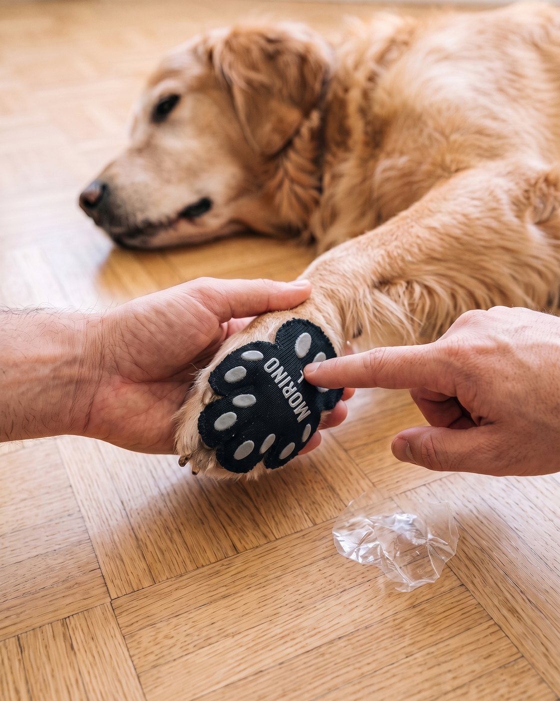 Pfotenpad wird unter die Pfote eines Hundes geklebt